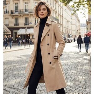 FARVALUE Womens Trench Coat Beige Double Breasted Belted Water Resistant Size S